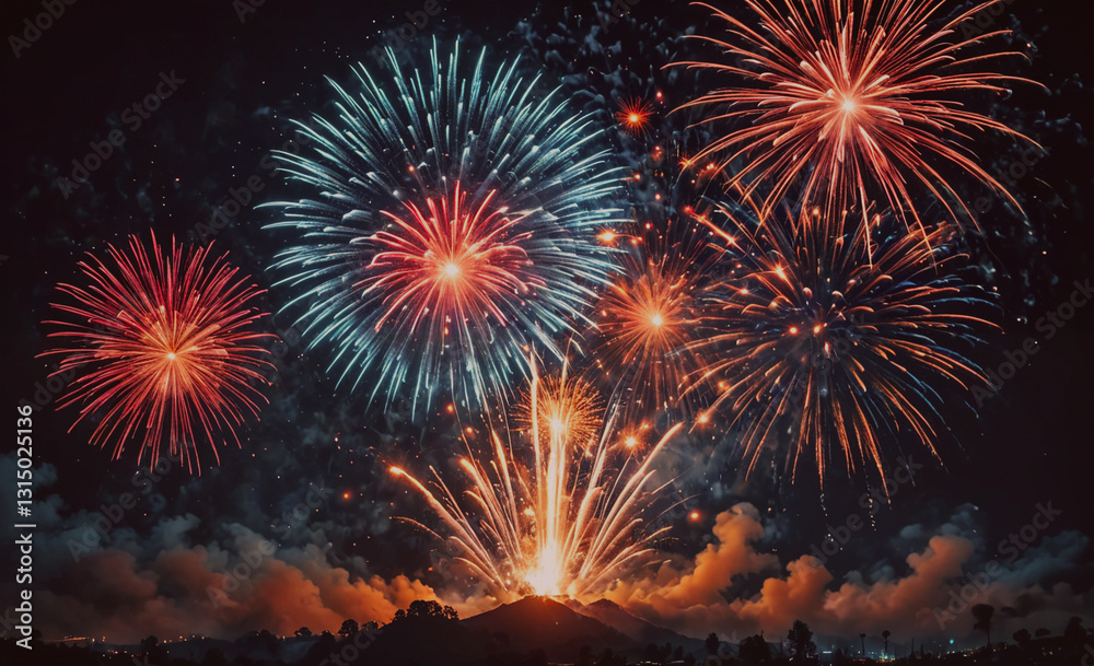 Poster Fireworks display with a large firework in the center. The fireworks are in the sky and are lit up in red, blue, and white. Scene is celebratory and festive