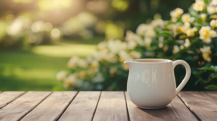 Fototapeta premium A serene setting featuring a white pitcher on a wooden table, surrounded by blooming flowers and soft sunlight, creating a peaceful atmosphere.