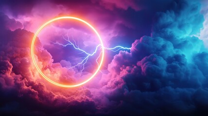 Fototapeta premium Luminous 3d neon frame ring peeking through wispy clouds, casting ethereal glow across mystical nocturnal sky background, abstract