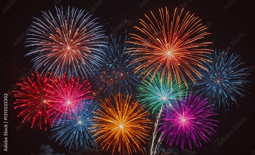 Poster Fireworks display with a variety of colors and shapes. The fireworks are lit up in the dark sky, creating a festive and celebratory atmosphere