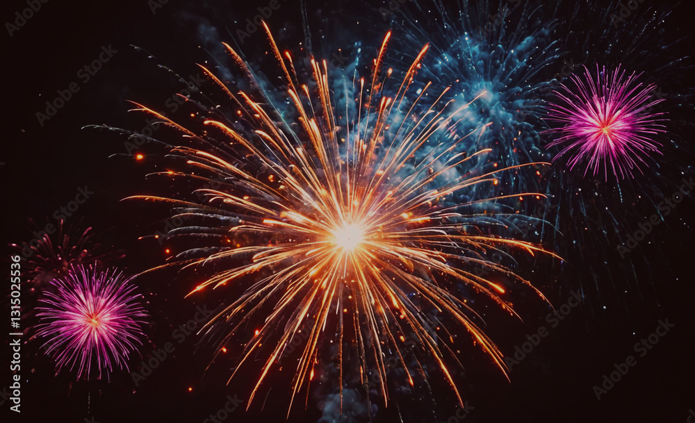 Poster Fireworks display with three different colored fireworks. The fireworks are in the air and are creating a beautiful and colorful display. Scene is festive and celebratory, as fireworks are often