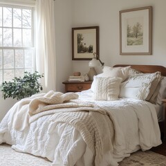 Cozy bedroom features a bed with blankets and pillows