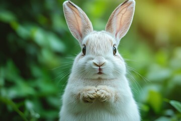 Fototapeta premium Cute white rabbit with big ears sits calmly in a lush green garden during daylight