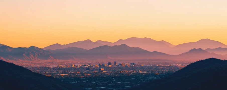 A scenic urban landscape surrounded by mountain ranges at sunset