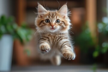 Obraz premium Playful kitten leaps gracefully in a cozy indoor setting surrounded by greenery during daylight hours