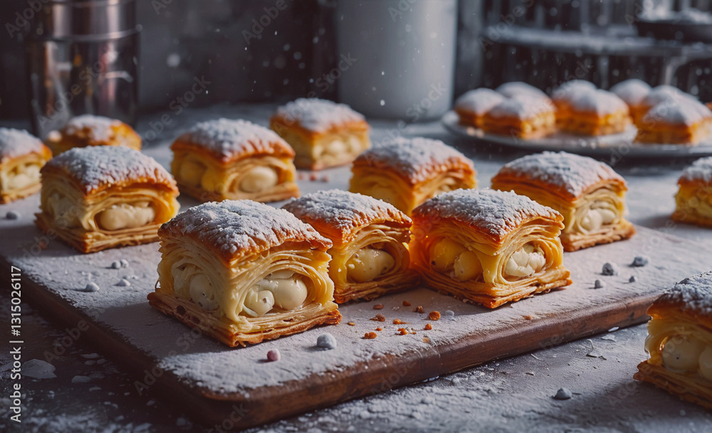 Poster tray of pastries with powdered sugar on top. the pastries are arranged in a neat row, and there are 