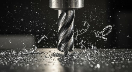 Drill Press Cutting Metal with Metal Shavings Flying