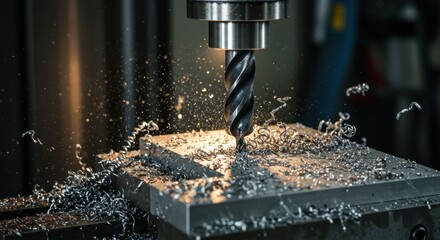 Drill Press Cutting Metal with Flying Shavings