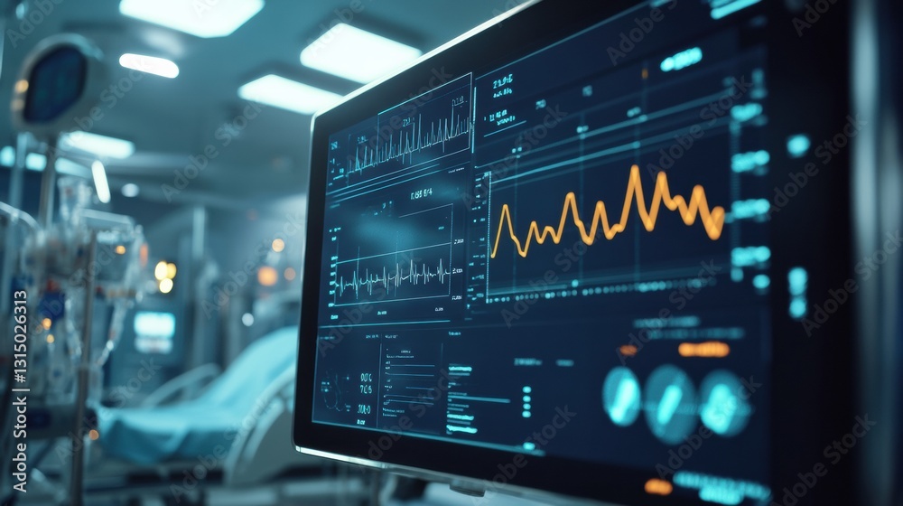 Leinwandbilder health data visualization on a monitor displaying blood markers and pulse readings in a modern hospi