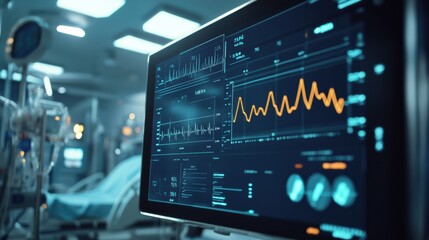 Obraz premium Health data visualization on a monitor displaying blood markers and pulse readings in a modern hospital environment
