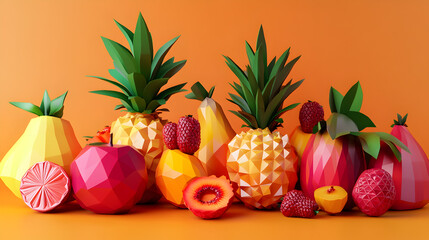 of geometrically shaped 3D fruits with polygonal designs, arranged in an abstract composition 