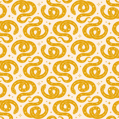 Seamless pattern with yellow snake on pastel background. Perfect for fabric design, packaging, wrapping paper. Vector Illustration in flat style