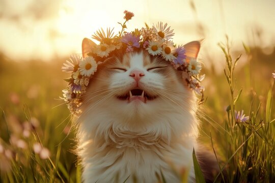 Golden hour in sunset. Cute adult cat ragdoll wearing untamed flower circlet on its head. Summertime happiness. Cat with flower wreath. Cheerful holiday vibes with cats. Happy little kitten.