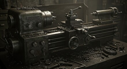 Old Metal Lathe Covered in Grease and Dust