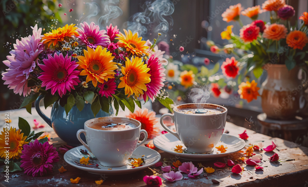 Poster table with two white cups and a blue teapot with flowers in the cups. the cups are filled with coffe