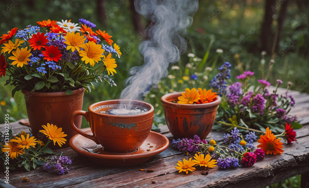 Poster table with a cup of coffee and a flower arrangement. the flowers are in a vase and the coffee is in 