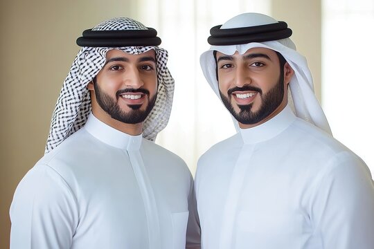 Two Smiling Arab Men in Traditional White Thobe and Ghutra Headscarf Portrait Professional Business Image High Resolution Studio Photography UAE man  
