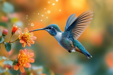 Fototapeta premium Hummingbird feeding on vibrant orange flowers in a sunny garden during springtime