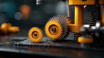 Fototapeta premium Close-Up of Two Interlocking Yellow Gears on Industrial Machine Background with Shining Metallic Surface