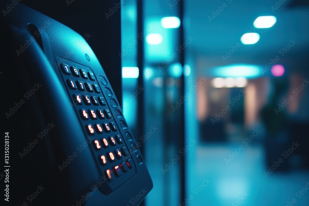 Poster close up of illuminated alarm system keypad in a dimly lit office space creating a secure atmosphere