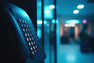 Close up of illuminated alarm system keypad in a dimly lit office space creating a secure atmosphere with glowing buttons