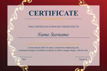 Red ornate certificate of excellence template