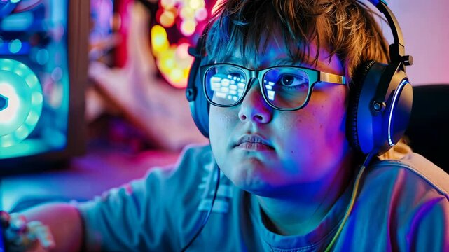 A obese young boy wearing glasses and headphones and playing a video game addiction social problems 4K