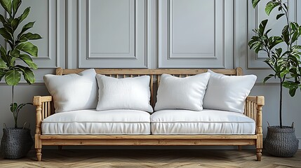 Cozy Wooden Sofa for Sunlit Room.