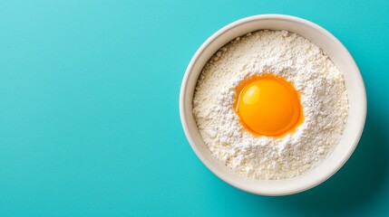 A bowl filled with flour and a fresh egg yolk, set against a vibrant turquoise background.