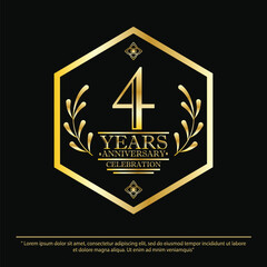 4th years anniversary celebration emblem. black anniversary logo isolated with hexagon geometric badge frame and laurel wreath. vector illustration template design