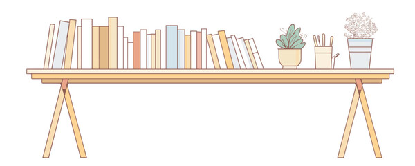 Flat linear icons set of a bookshelf with books, plants, and stationery.