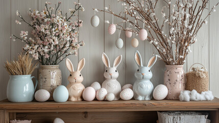 A wooden shelf displays pastel ceramic bunnies and eggs, surrounded by soft blooms and branches, celebrating a joyful Easter ambiance in a cozy, rustic setting