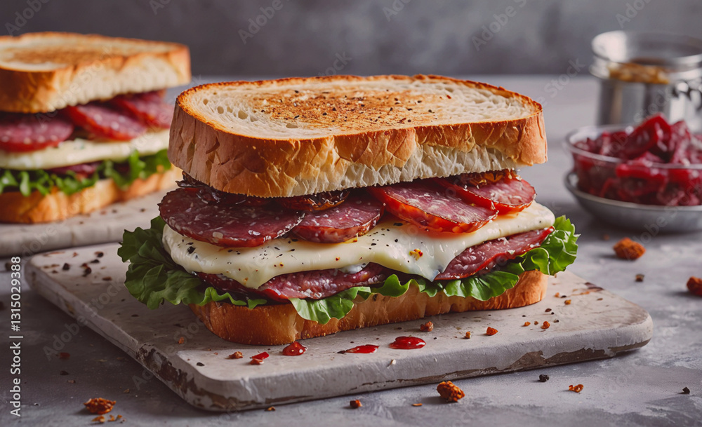 Poster sandwich with meat and lettuce sits on a wooden table. the sandwich is cut in half and has a generou