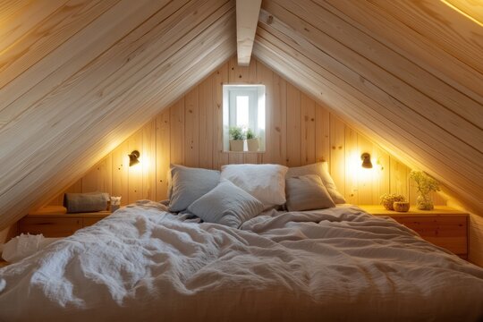 A compact attic space with a sloped wooden ceiling, muted lighting, and a neatly organized bed with soft bedding