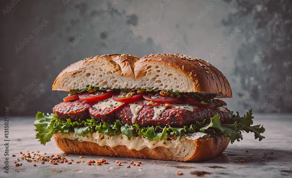 Poster sandwich with lettuce and tomato on it. the sandwich is cut in half and is sitting on a table