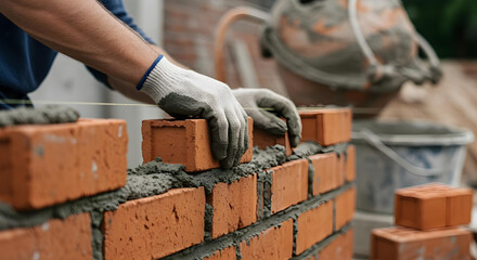 Close-up of professional bricklaying technique with mortar securing each brick