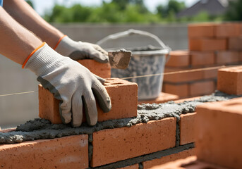 Detailed view of bricklaying with mortar being spread to secure the structure