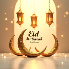 Luxury Eid Mubarak Card with Intricate Gold Crescent and Mosque
