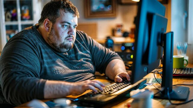 Extremely obese man sitting at a desk with hands on keyboard and a monitor in front of him facing addiction and social problems 4K