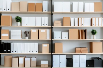 Client relationship skills concepts. Organized shelves filled with various boxes and plants, showcasing a clean aesthetic.