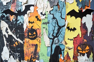 A colorful wall with bats and pumpkins on it. The wall is made of wood and has a lot of damage