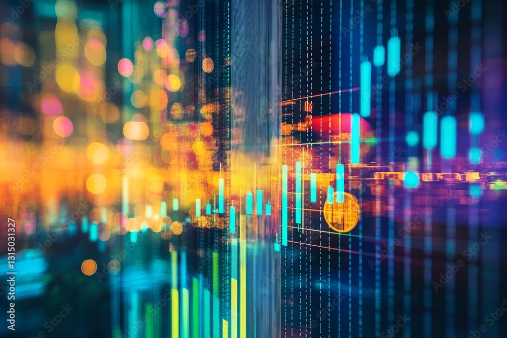 Poster a colorful image of a city skyline with a large number of lines and dots. the image is abstract and 