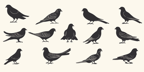 Obraz premium Flat icons set of pigeon silhouettes in various poses: vector collection.