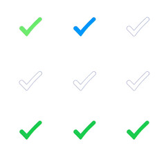 Isolate Check mark vector icon set, Outline Tick button symbol, Blue and Green vote and Testing symbol, Choice, Check list graphic elements, Approve, Confirm icons for business and Testing (Editable)