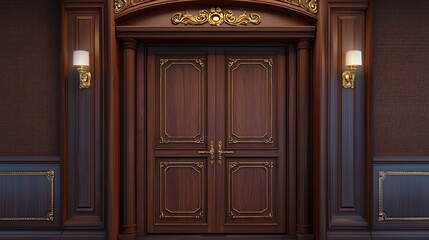Obraz premium Ornate wooden entrance, luxury mansion interior, golden details, dark room background