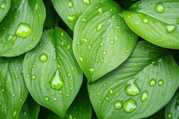 Obraz premium Abundant Dewdrops on Lush Green Leaves and Delicate Petals – Glistening Morning Nature Photography with Vibrant Botanical Beauty
