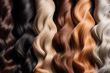 Female Hair extensions closeup. Top view. Different colored woman curly wavy hair extensions. Blonde, brunette, red hairstyles. Temporary hairstyle. Salon treatment, hair transformation
