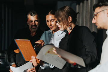 Diverse group of business people collaborates over documents in a brightly lit office. They are...