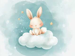 Cute bunny sitting on a cloud surrounded by stars in a dreamy sky