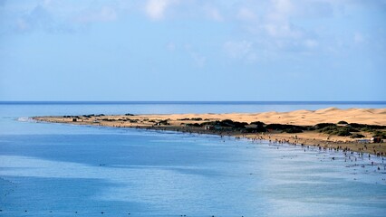 Tourists walking and swimming at Maspalomas Dunes Beach in Gran Canaria, enjoying golden sands, blue waters, and a vibrant summer atmosphere